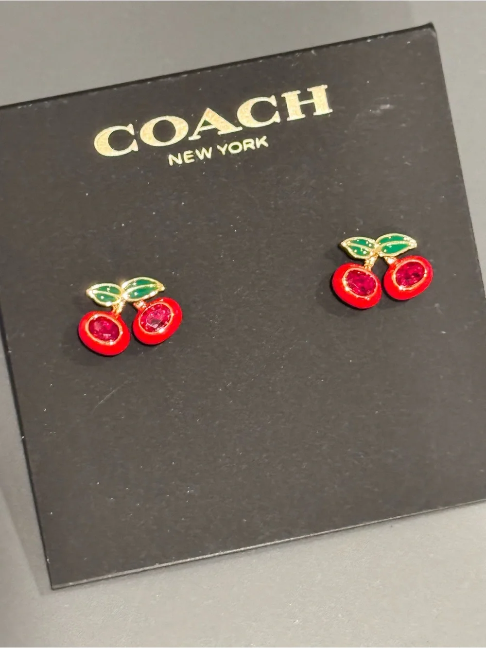 NWT Coach Cherry Stud Earrings Red Crystal Enamel Gold Tone F54514
